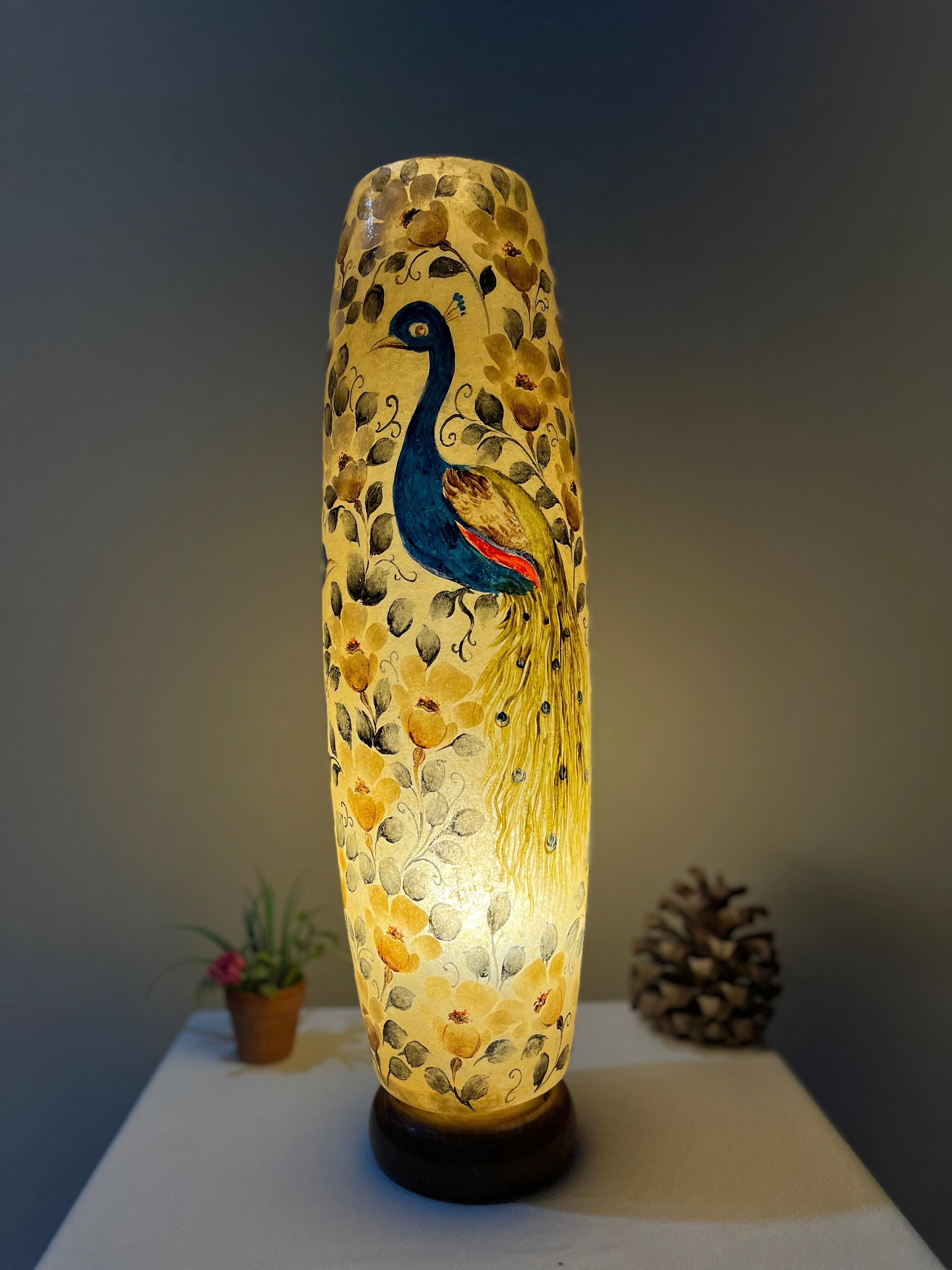 Handcrafted Camel Skin Bottle Lamp with Peacock Design - Traditional Decorative Table Lamp (12", 16", 21")
