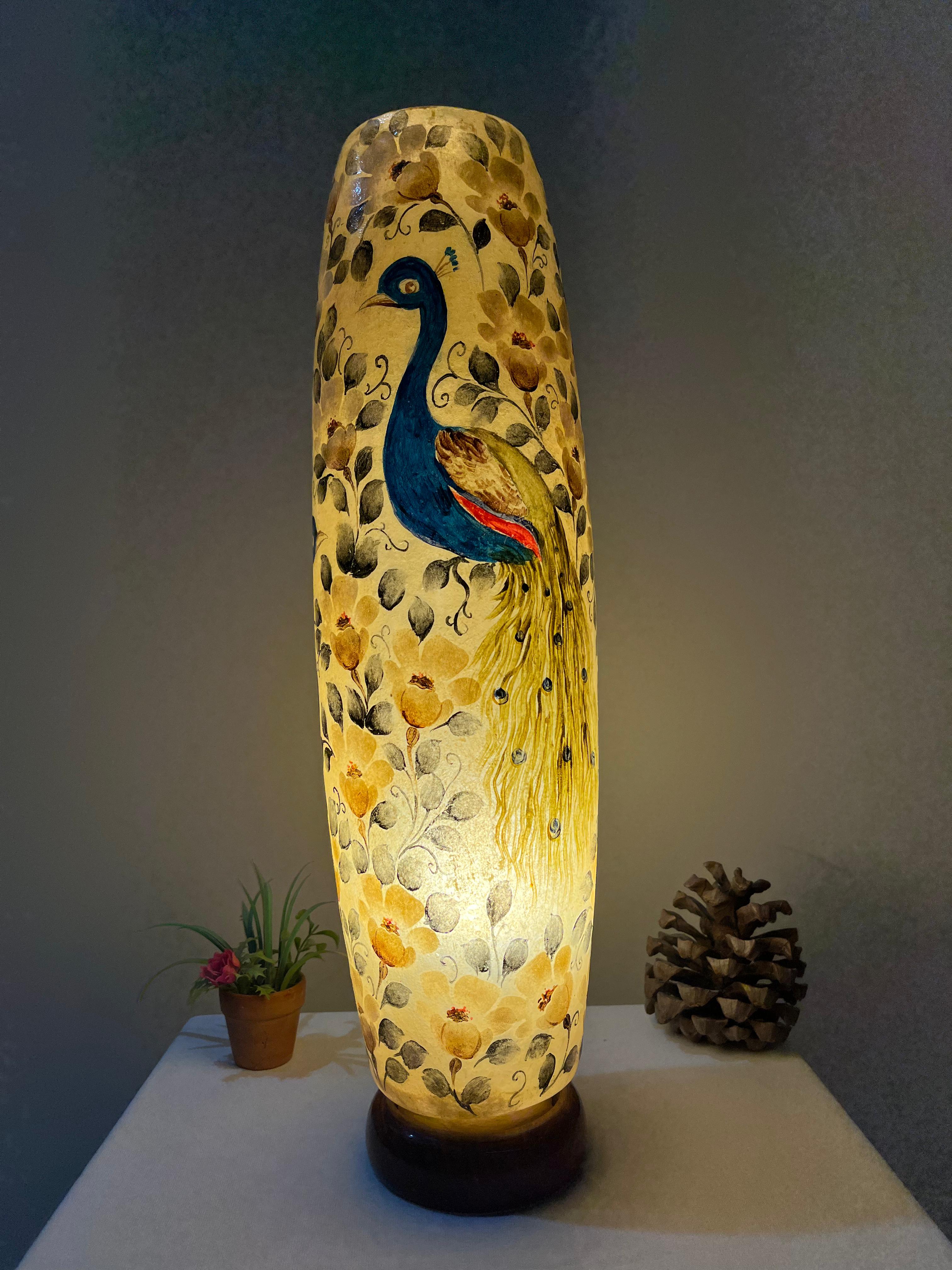Handcrafted Camel Skin Bottle Lamp with Peacock Design - Traditional Decorative Table Lamp (12", 16", 21")
