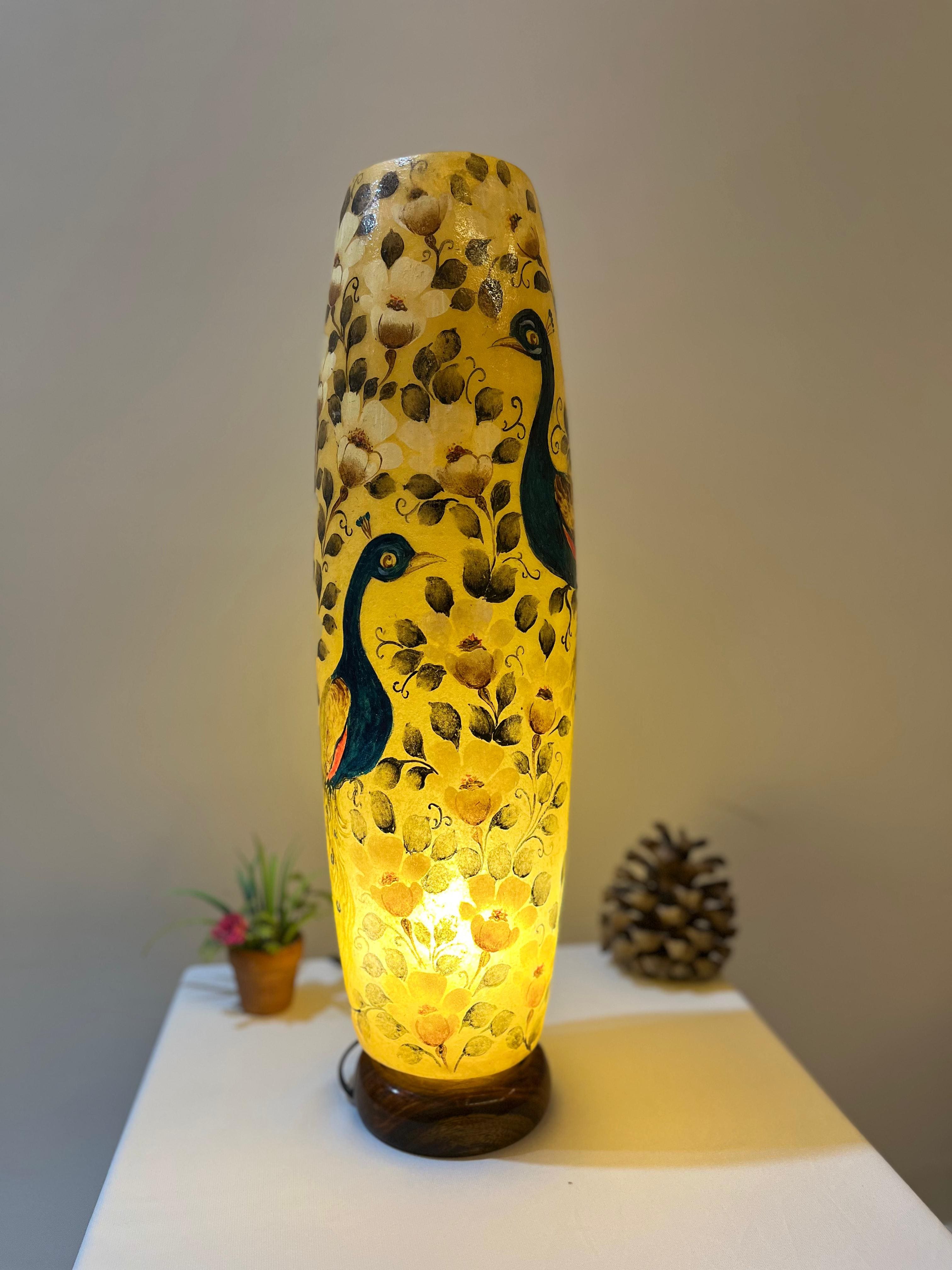 Handcrafted Camel Skin Bottle Lamp with Peacock Design - Traditional Decorative Table Lamp (12", 16", 21")