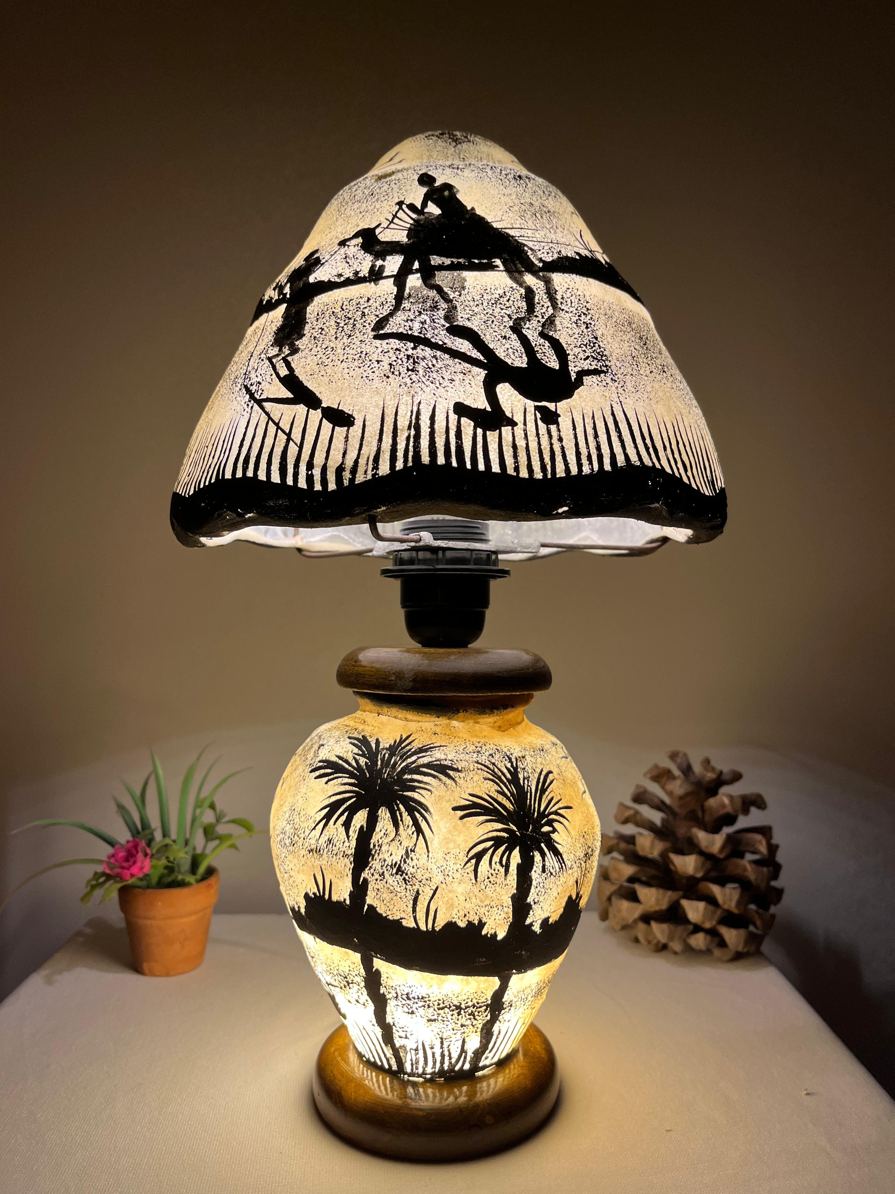 Authentic Handmade Side Table Camel Skin Lamp - Desert Palm Tree Design | Available in 15", 18", 21", 24" Sizes