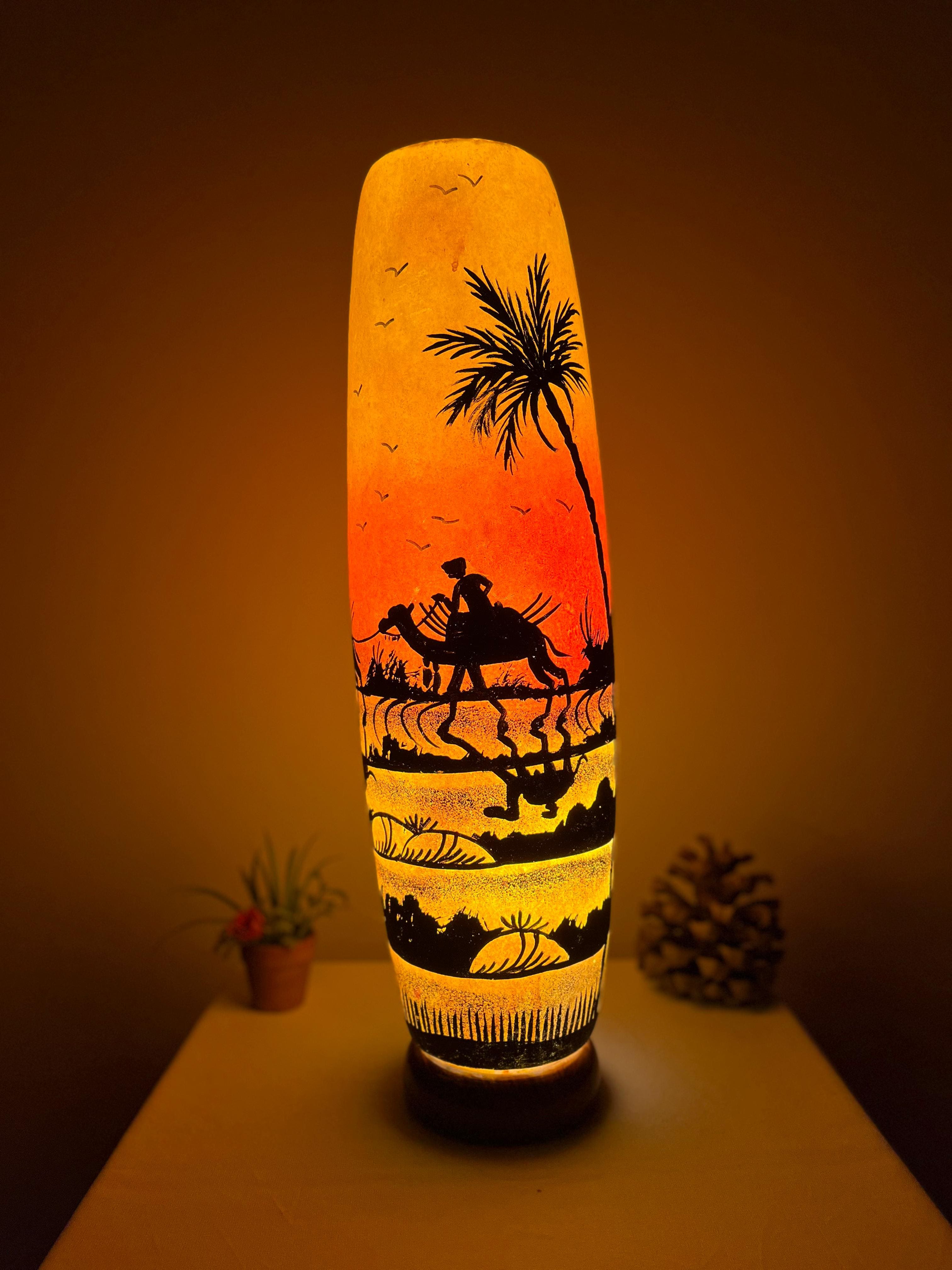 Handmade Bottle Shape Camel Skin Table Lamp - Desert Scene Decorative Lighting | 12", 16", 21" Sizes Available