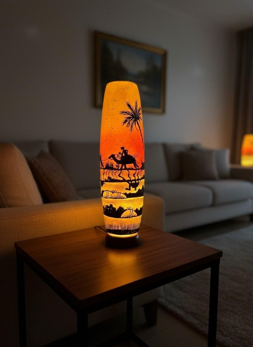 Handmade Bottle Shape Camel Skin Table Lamp - Desert Scene Decorative Lighting | 12", 16", 21" Sizes Available