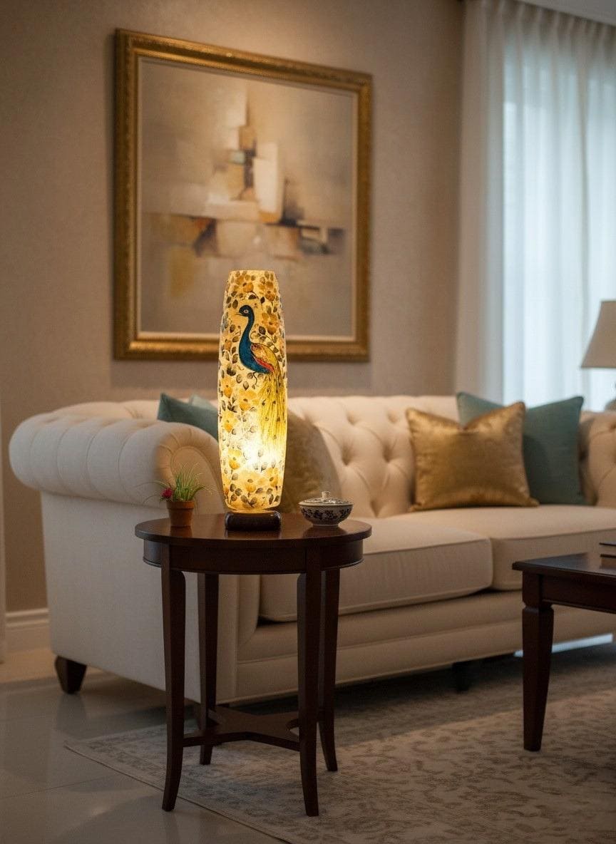 Handcrafted Camel Skin Bottle Lamp with Peacock Design - Traditional Decorative Table Lamp (12", 16", 21")