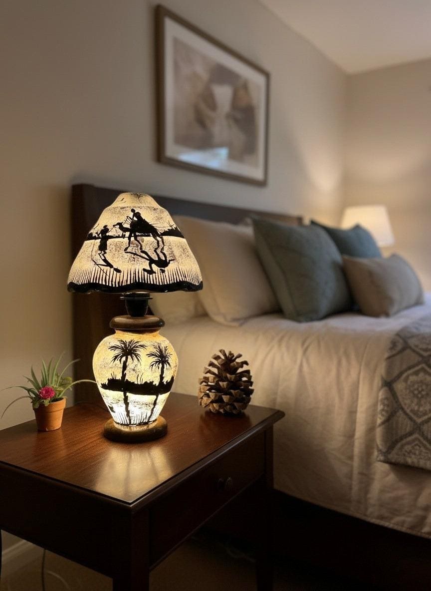 Authentic Handmade Side Table Camel Skin Lamp - Desert Palm Tree Design | Available in 15", 18", 21", 24" Sizes