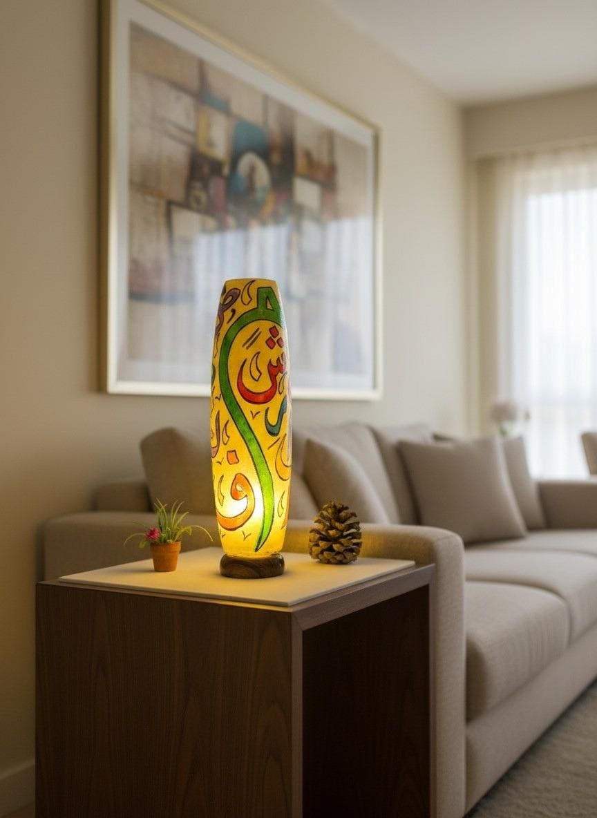 Authentic Arabic Calligraphy Camel Leather Table Lamp- Hand-Painted Islamic Art Lighting