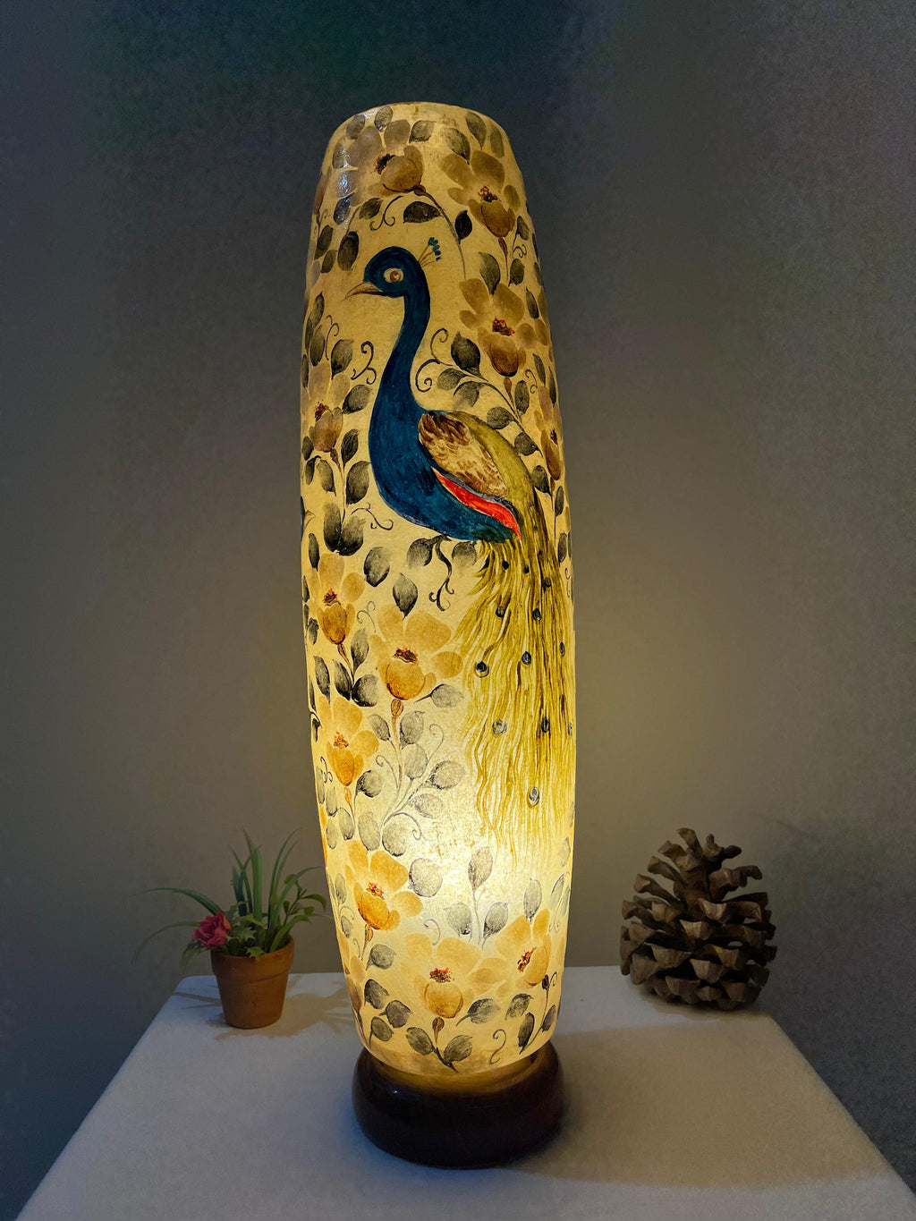 Handcrafted Camel Skin Bottle Lamp with Peacock Design - Traditional Decorative Table Lamp (12", 16", 21")