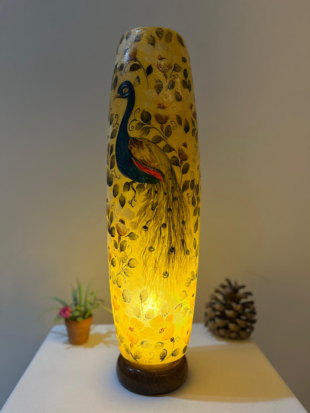 Handcrafted Camel Skin Bottle Lamp with Peacock Design - Traditional Decorative Table Lamp (12", 16", 21")