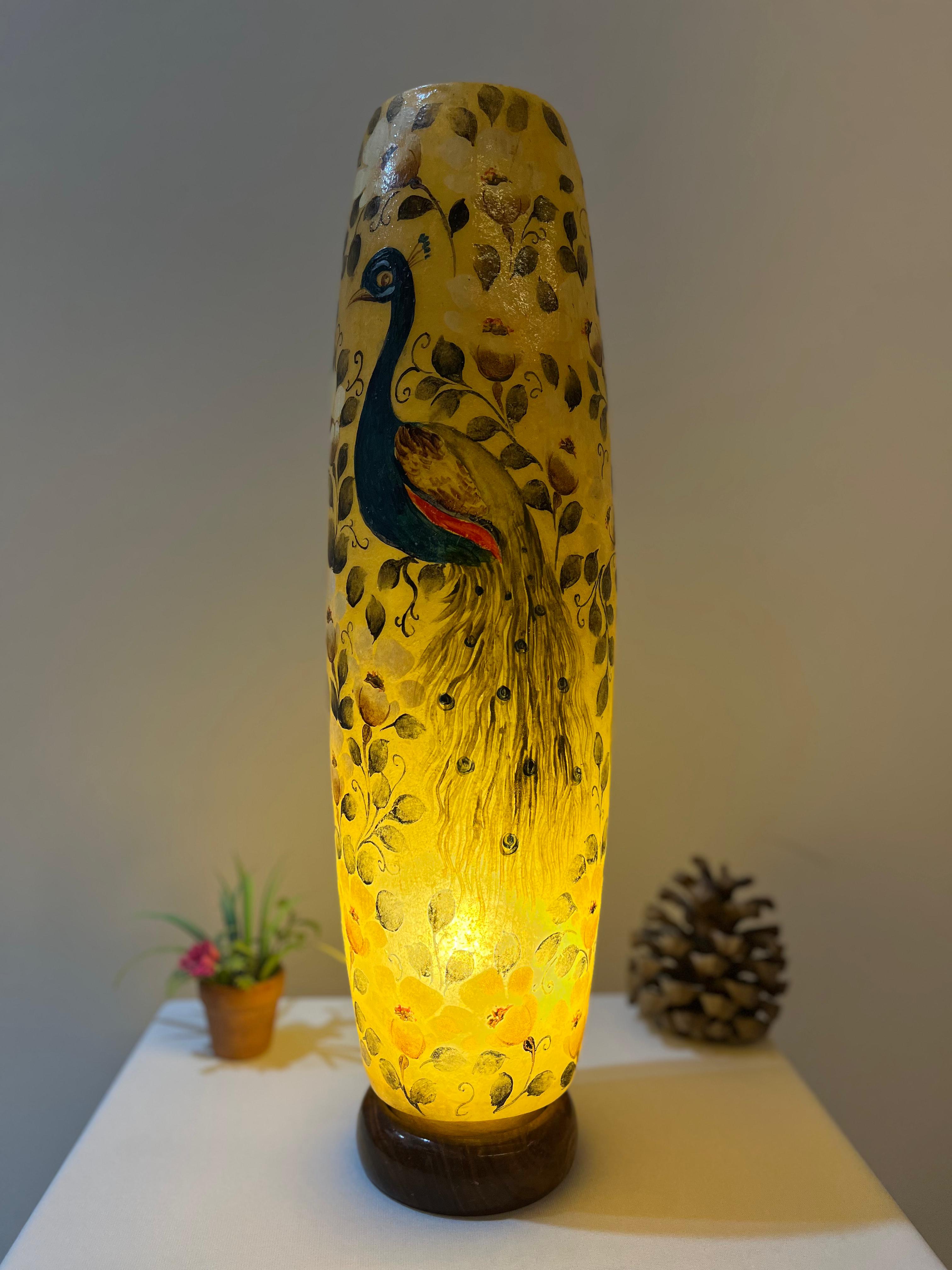 Handcrafted Camel Skin Bottle Lamp with Peacock Design - Traditional Decorative Table Lamp (12", 16", 21")