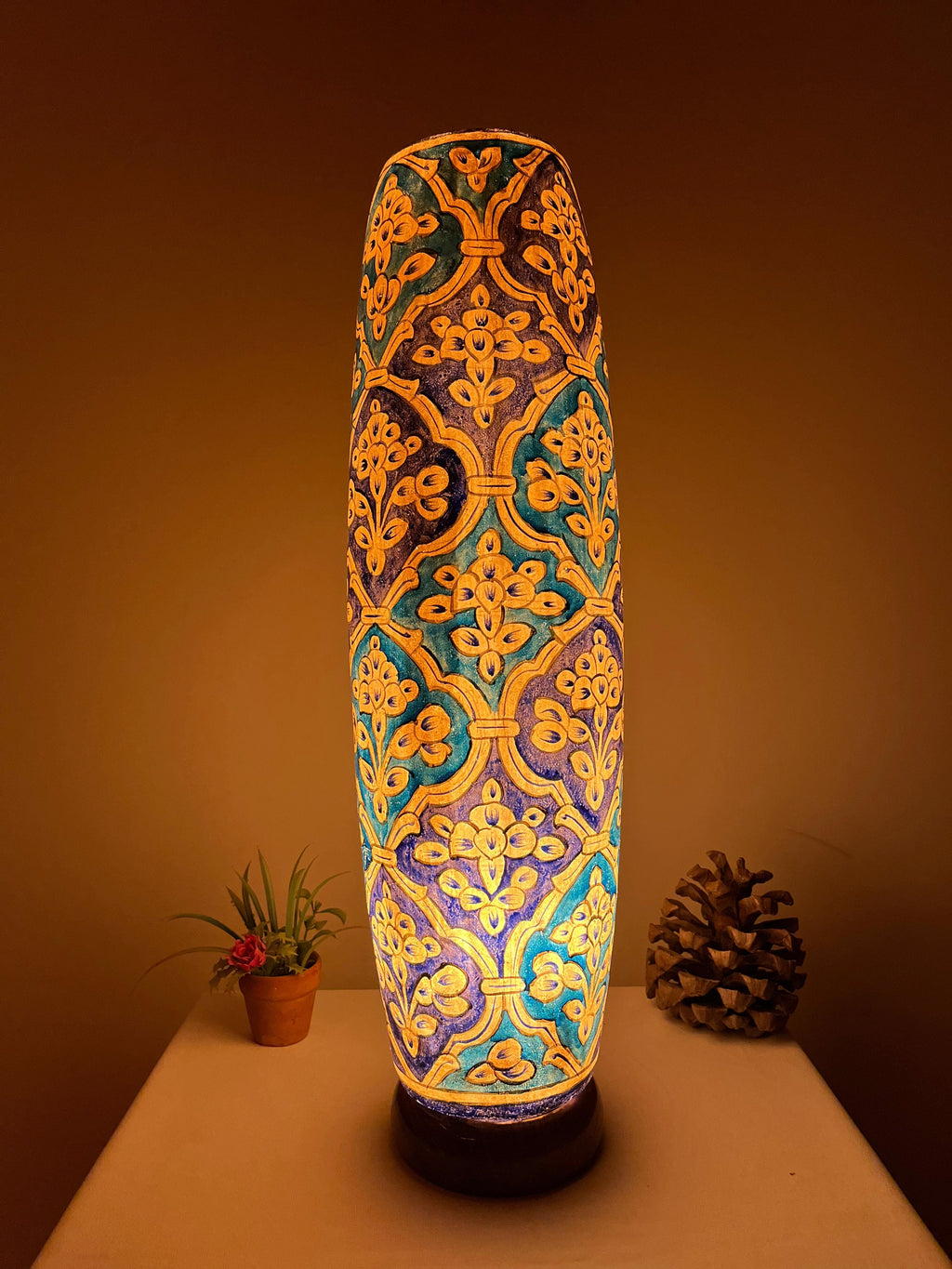 Handcrafted Camel Skin Bottle Lamp - Ornate Moroccan Style Table Lamp with Intricate Floral Patterns | Available in 12", 16" & 21" Sizes