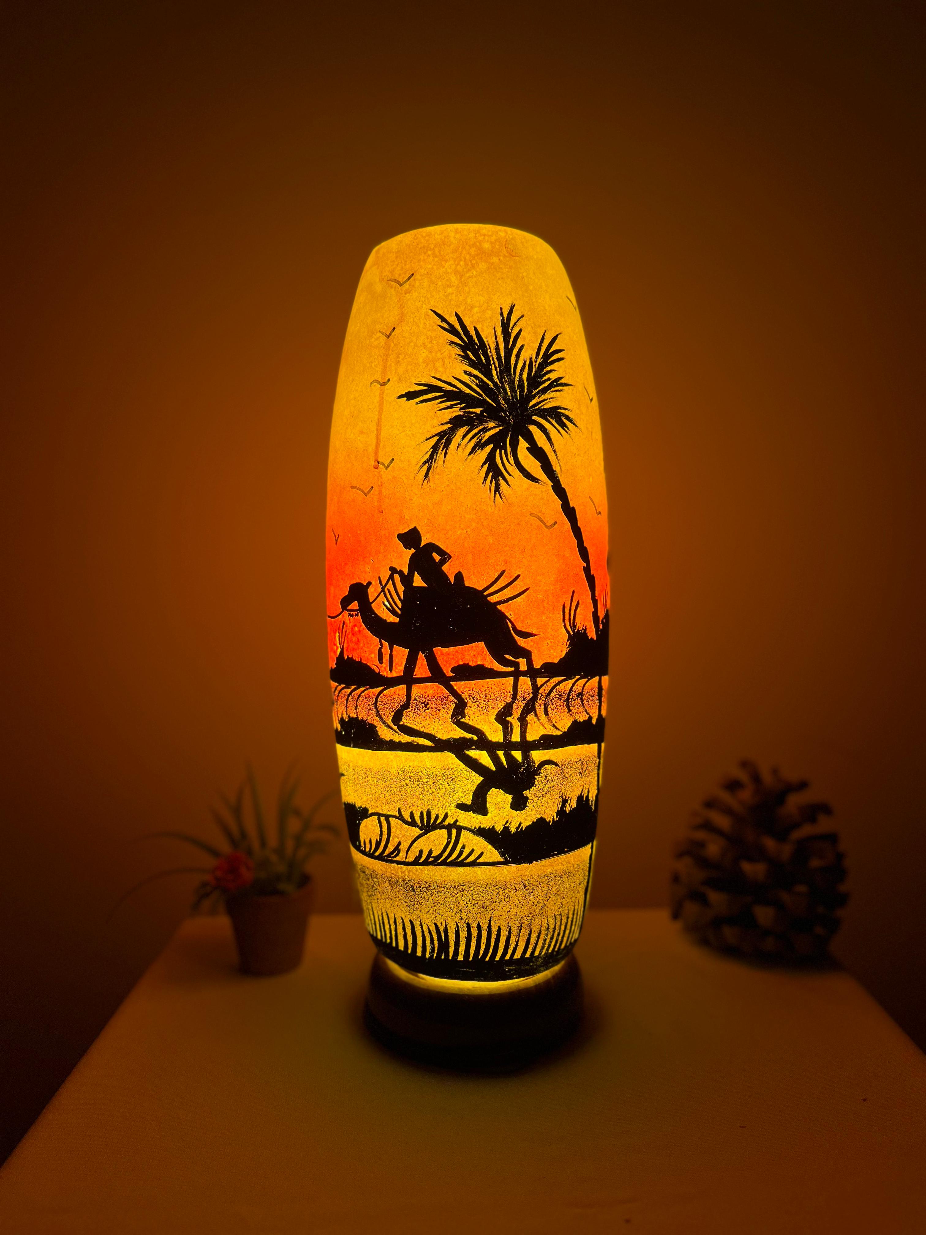 Handmade Bottle Shape Camel Skin Table Lamp - Desert Scene Decorative Lighting | 12", 16", 21" Sizes Available