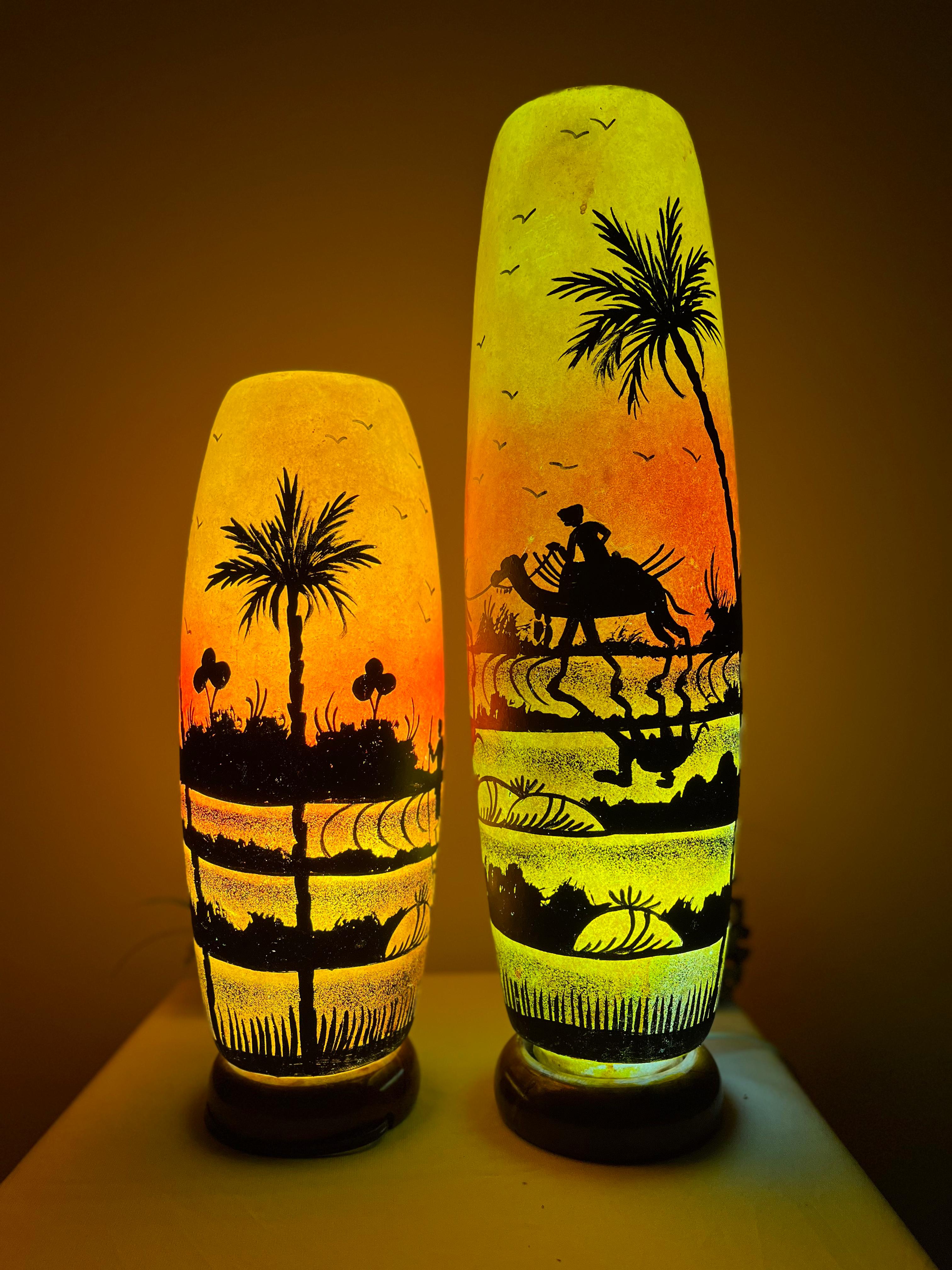 Handmade Bottle Shape Camel Skin Table Lamp - Desert Scene Decorative Lighting | 12", 16", 21" Sizes Available
