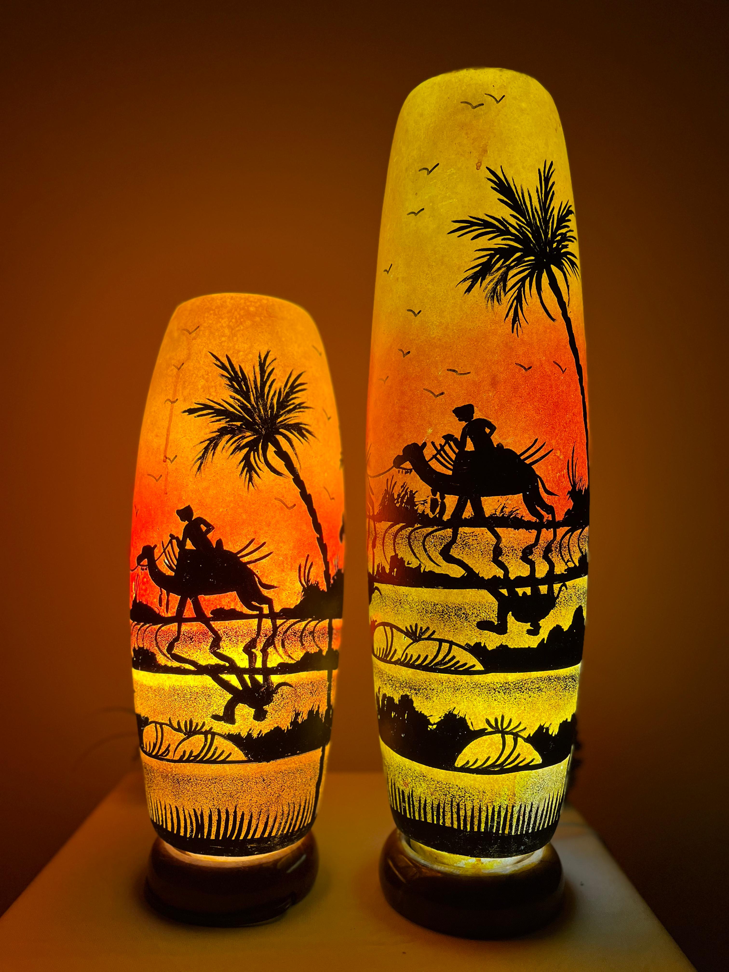 Handmade Bottle Shape Camel Skin Table Lamp - Desert Scene Decorative Lighting | 12", 16", 21" Sizes Available