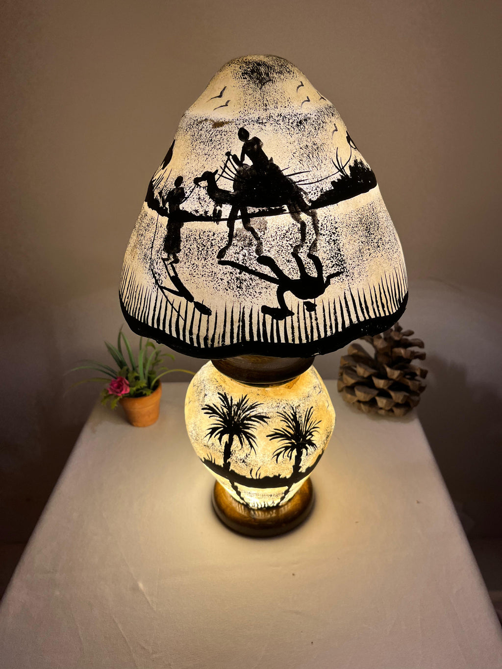 Authentic Handmade Side Table Camel Skin Lamp - Desert Palm Tree Design | Available in 12", 16", 21", 24" Sizes