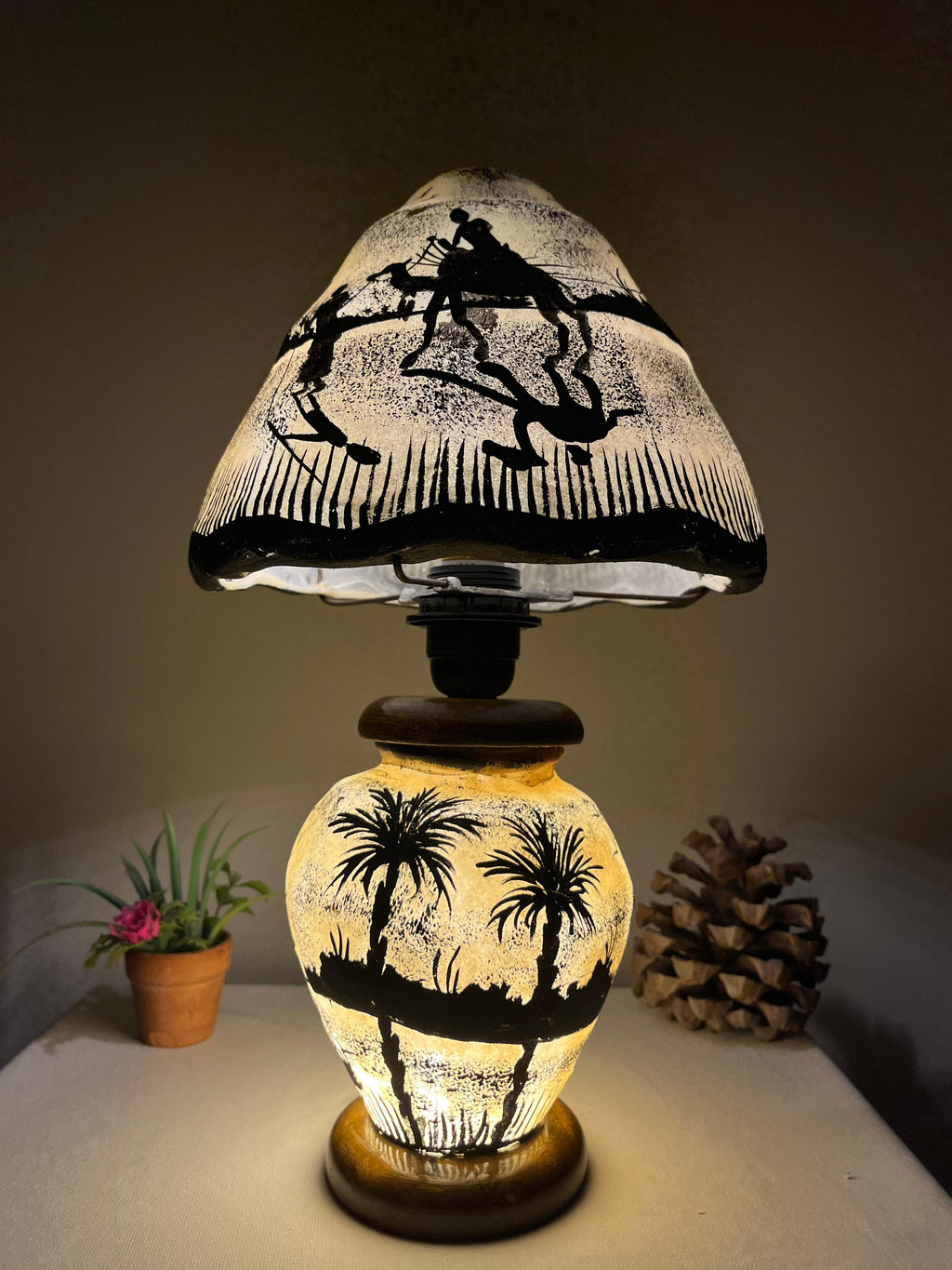 Authentic Handmade Side Table Camel Skin Lamp - Desert Palm Tree Design | Available in 12", 16", 21", 24" Sizes