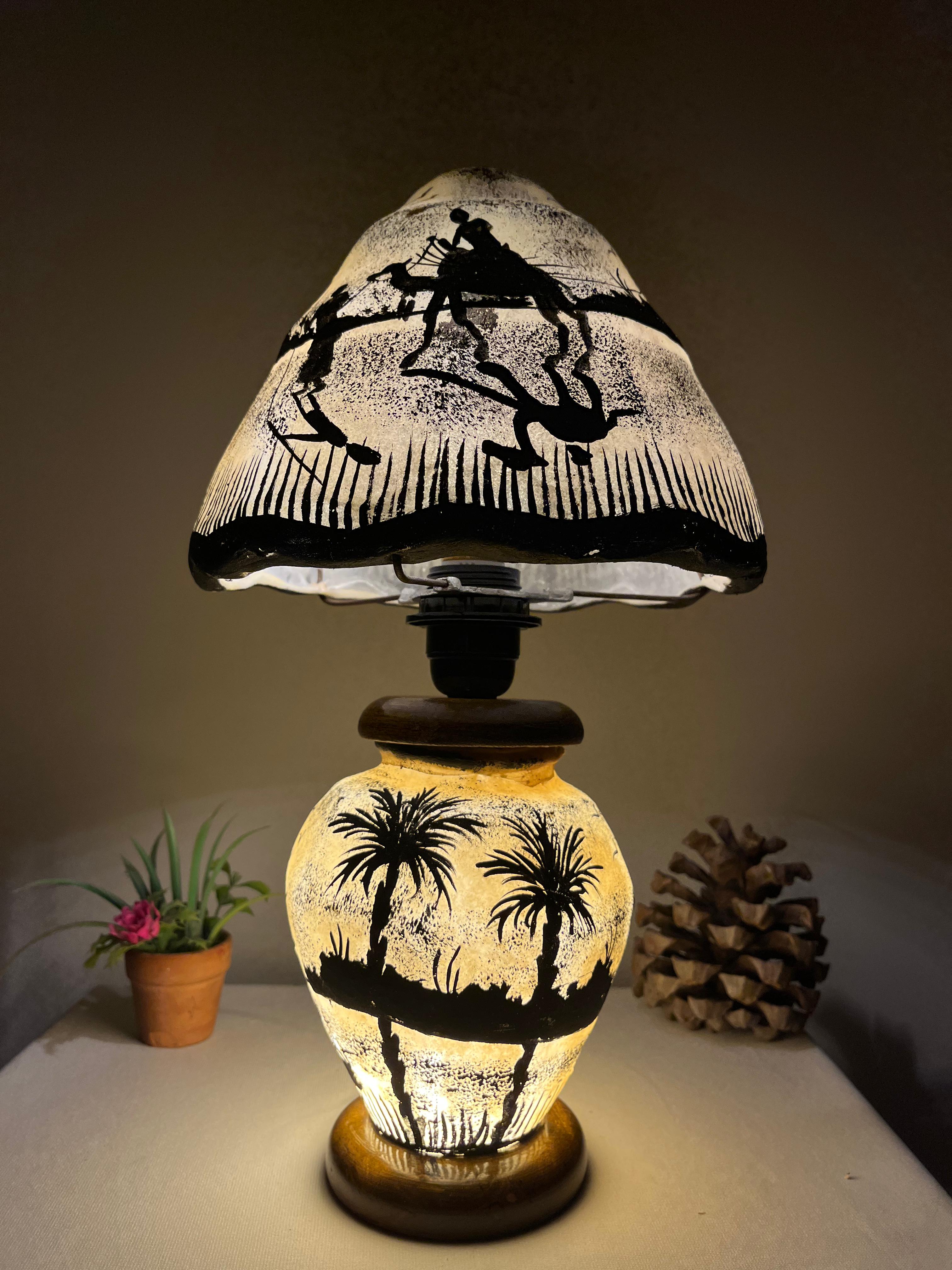 Authentic Handmade Side Table Camel Skin Lamp - Desert Palm Tree Design | Available in 12", 16", 21", 24" Sizes