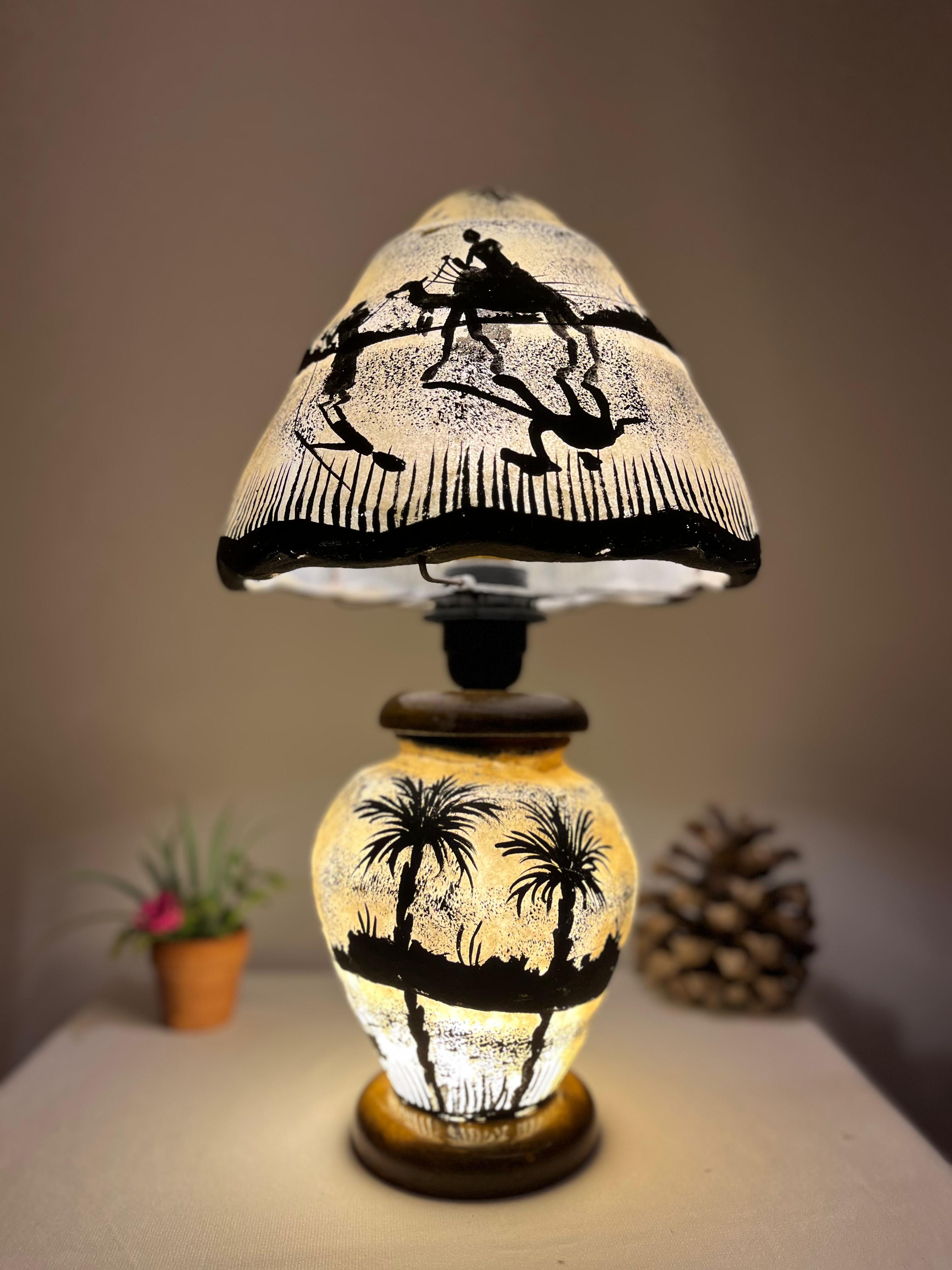 Authentic Handmade Side Table Camel Skin Lamp - Desert Palm Tree Design | Available in 12", 16", 21", 24" Sizes