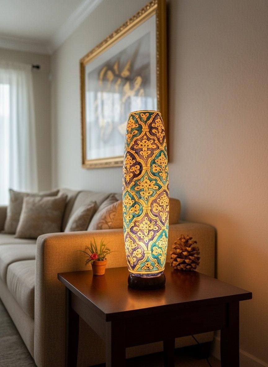 Handcrafted Camel Skin Bottle Lamp - Ornate Moroccan Style Table Lamp with Intricate Floral Patterns | Available in 12", 16" & 21" Sizes
