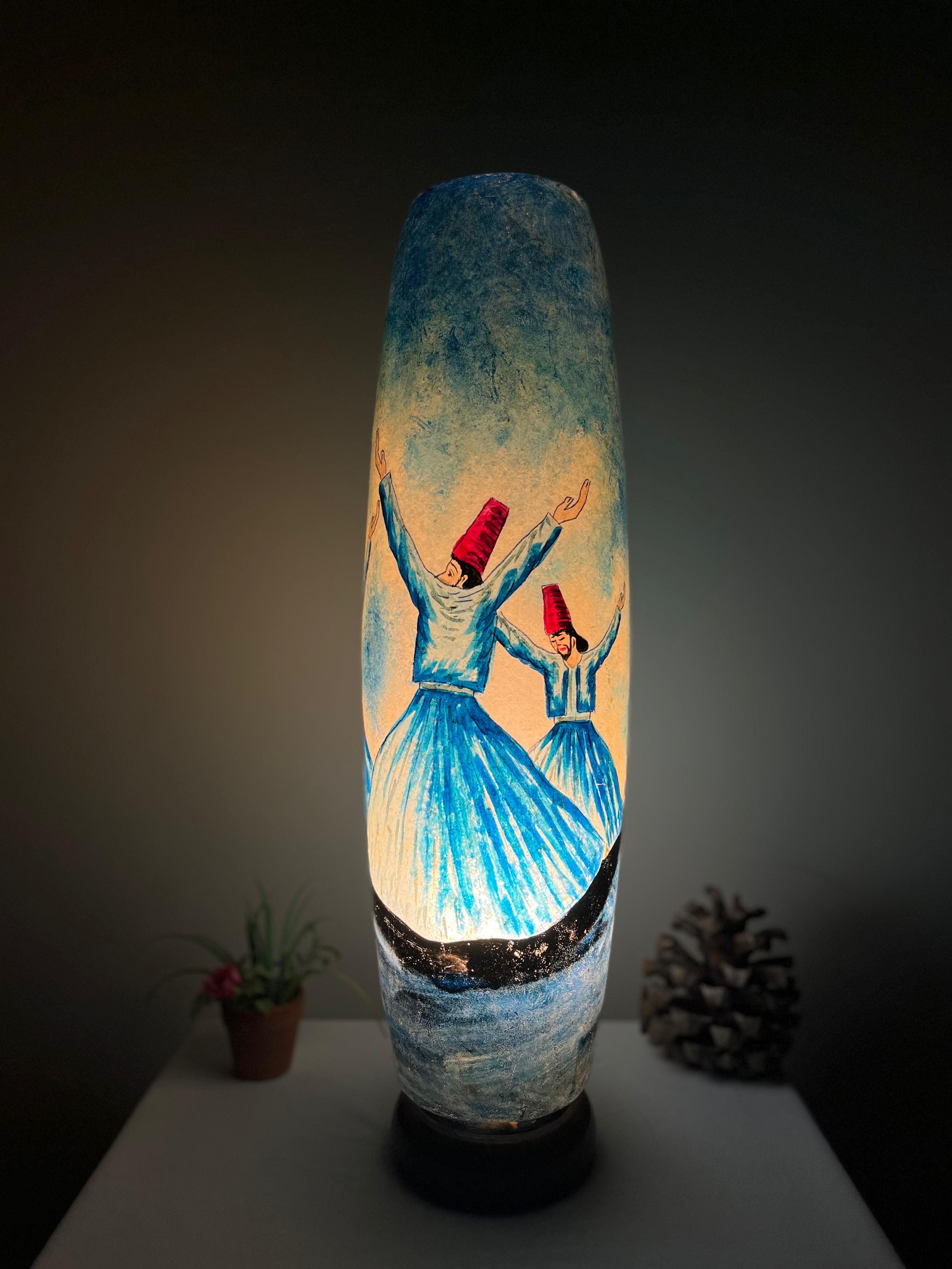 Handmade Camel Skin Whirling Dervish Table Lamp - Traditional Turkish Ottoman Art Side Lamp | 12", 16", 21" Sizes