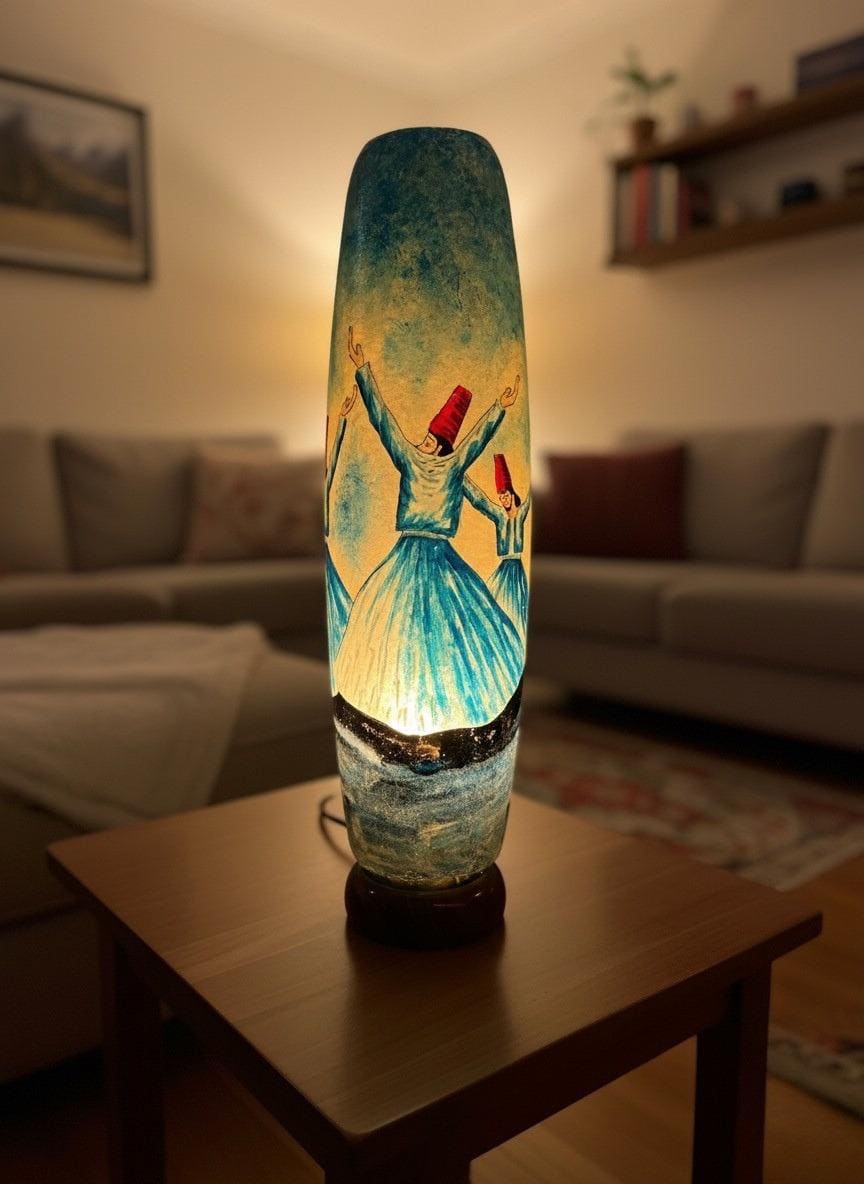 Handmade Camel Skin Whirling Dervish Table Lamp - Traditional Turkish Ottoman Art Side Lamp | 12", 16", 21" Sizes
